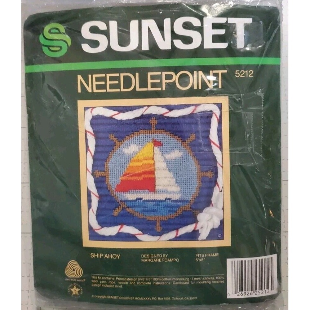 Sunset Needlepoint Kit Ships Ahoy Sailboat 5212 5x5" M Campo 1985 Blue Wht Brwn